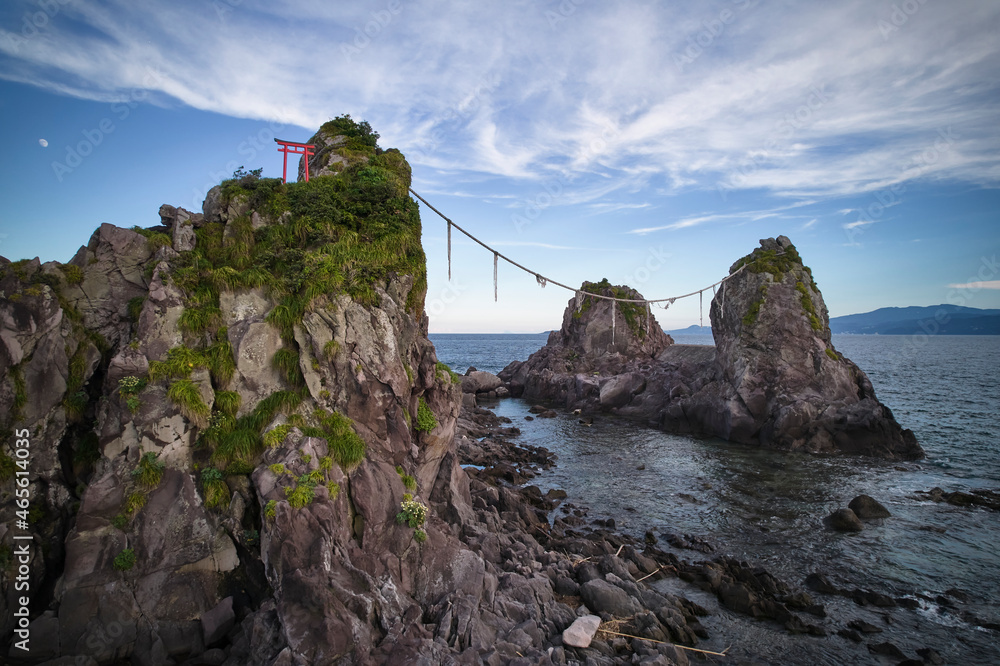 rocky Japanese island with a red shrine rocky Japanese island with a red shrine