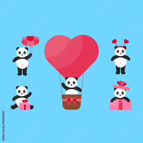 Fototapeta Naklejka Na Ścianę i Meble -  This is a set of pandas in different actions with hearts for valentines day on a blue background.