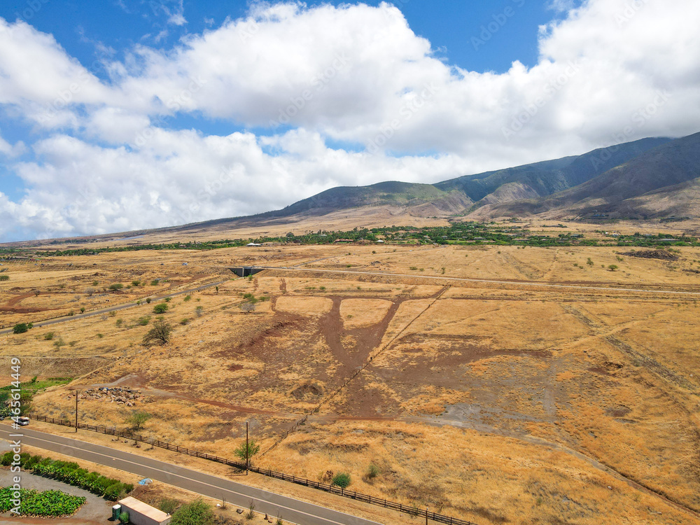 Aerial view of yellow dry landscape and mountain during hot summer in the west coast of Maui. Hawaii, USA