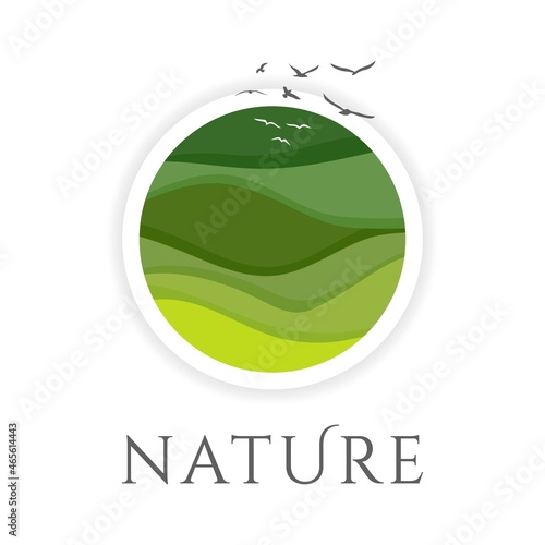 Abstract green logo vector icon,nature sign organic technology food and cosmetology.Design template symbol eco bio engineering, natural product.Illustration nature Green wave background hill landscape