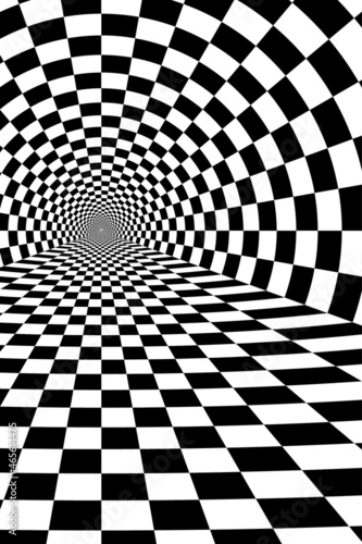 Abstract Black and White Pattern with Tunnel. Contrasty Optical Psychedelic Illusion. Smooth Checkered Spiral and Chessboard in Perspective. Raster. 3D Illustration