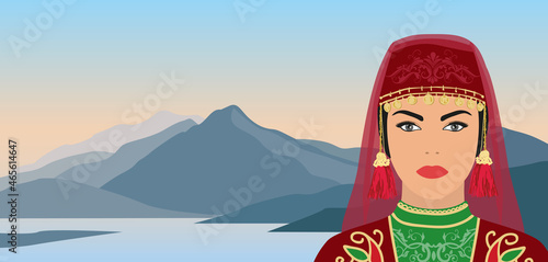 Portrait of a beautiful turkish woman in a national costume on the background of a mountain landscape.Vector illustration.