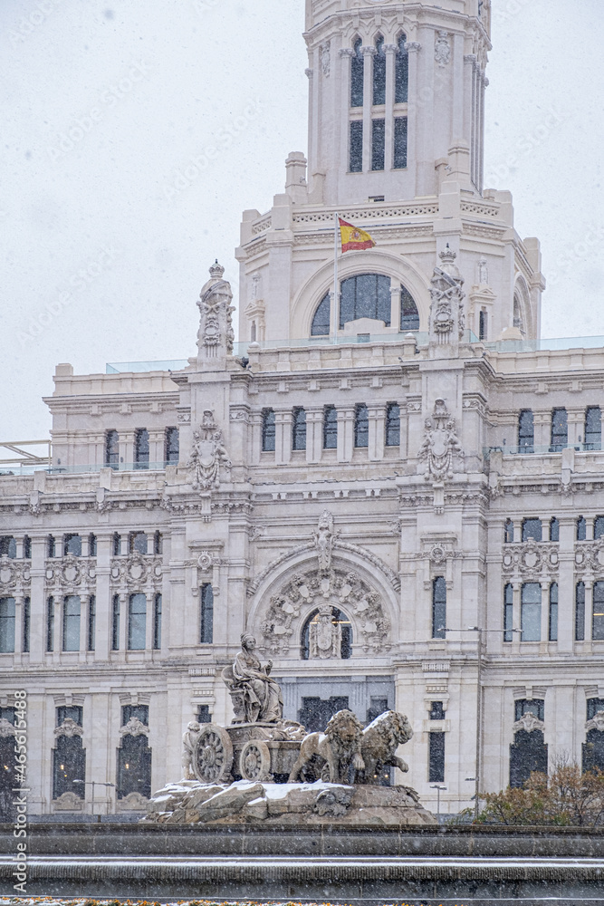 The Cibeles fountain in Madrid on a snowy day