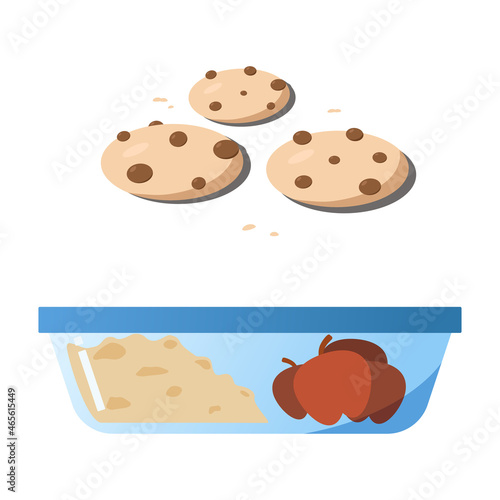 School lunch flat vector illustration. Lunch box, water bottle and school lunch ideas like apple and banana, cookies and muffin, meat with peas, and sandwich.