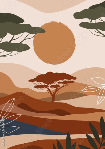 African motifs concept. Colorful landscape with hills, trees, sand dunes and sunset. Design element for posters, covers and wall decoration. Savannah or desert. Cartoon flat vector illustration