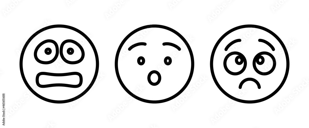 Terrified frightened emoticon isolated afraid emoji. Vector screaming face in panic, scared or surprised, afraid or horrified emoji. Amazed emoticon with open mouth, big eyes, afraid or asking Scared Terrified frightened emoticon isolated afraid emoji. Vector screaming face in panic, scared or surprised, afraid or horrified emoji. Amazed emoticon with open mouth, big eyes, afraid or asking Scared