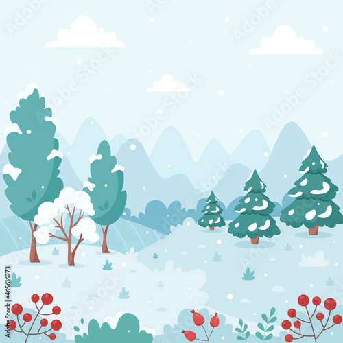 Snowy winter landscape with trees, mountains, fields. Countryside landscape. Winter background. Vector illustration.	