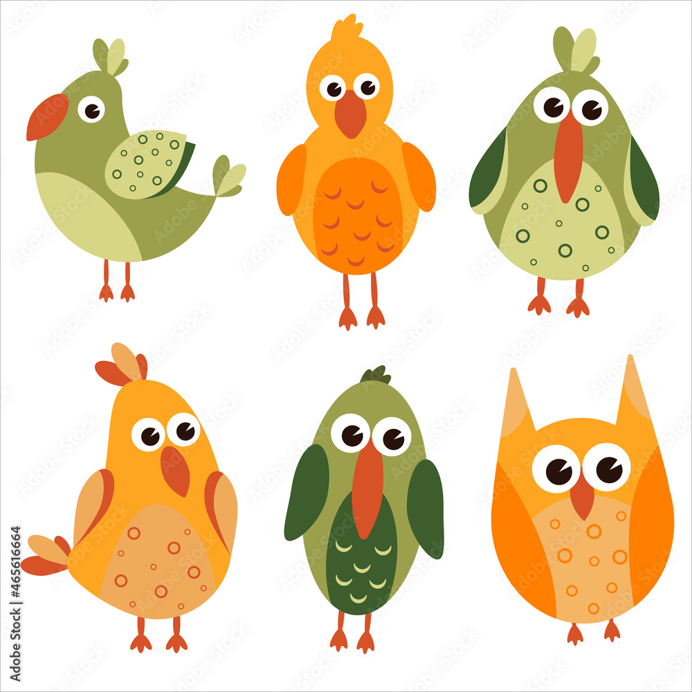 set of cute cartoon colored birds in hand drawn style raster illustration. lovely baby pictures for decor