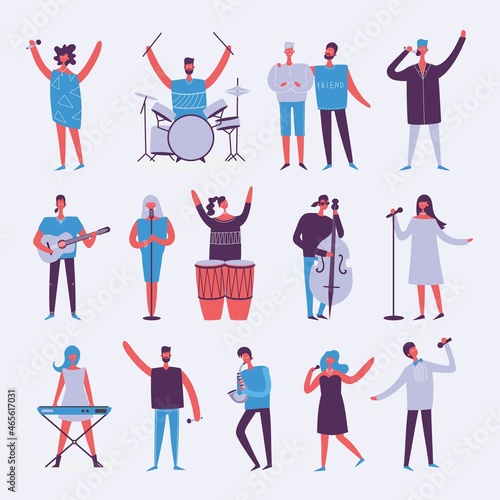 Vector background of group of singing and playing music instrument people
