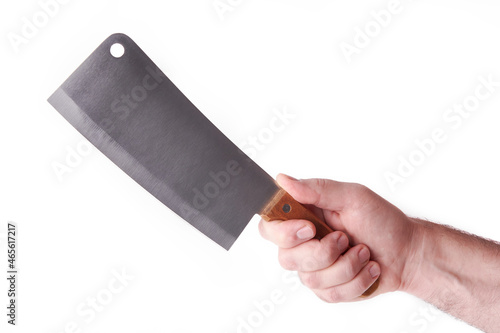 Chef hand holding a large kitchen knife for cutting meat on a white background isolated