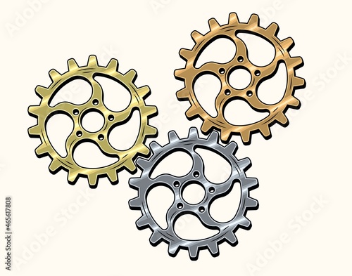 Gold, brass, copper, steel gears in retro style. Good for decoration in steampunk style. Vector.