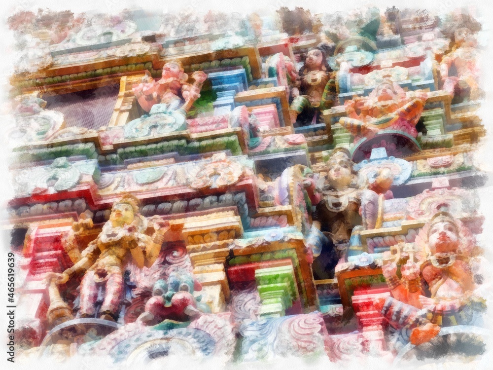 hindu temple architecture watercolor style illustration impressionist painting. hindu temple architecture watercolor style illustration impressionist painting.