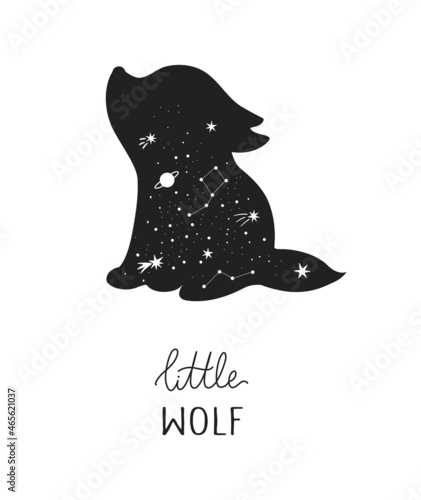 Vector hand drawn baby wolf for decoration. Celestial animal clipart. Perfect for baby shower, birthday, children's party, clothing prints, greeting cards