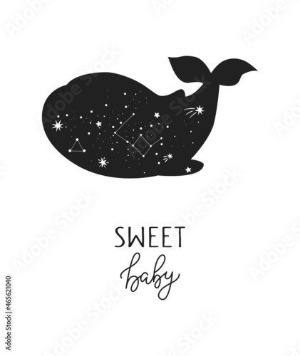 Vector hand drawn baby whale for decoration. Celestial animal clipart. Perfect for baby shower, birthday, children's party, clothing prints, greeting cards