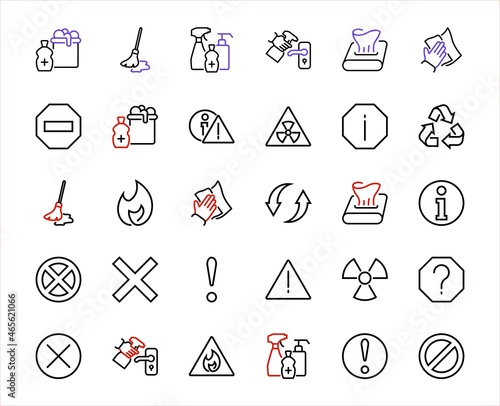 WARNINGS simple set of thin line vector icons. Contains icons such as warning, exclamation mark, reuse, warning sign and more. Editable stroke. Vector illustration
