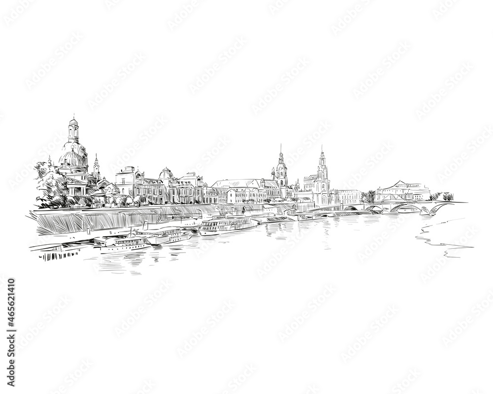 Bruhl Terrace. Dresden. Germany. Hand drawn sketch. Vector illustration.