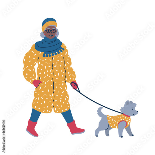 Happy pet owner walking a dog on a leash in winter time. Isolated vector illustration.
