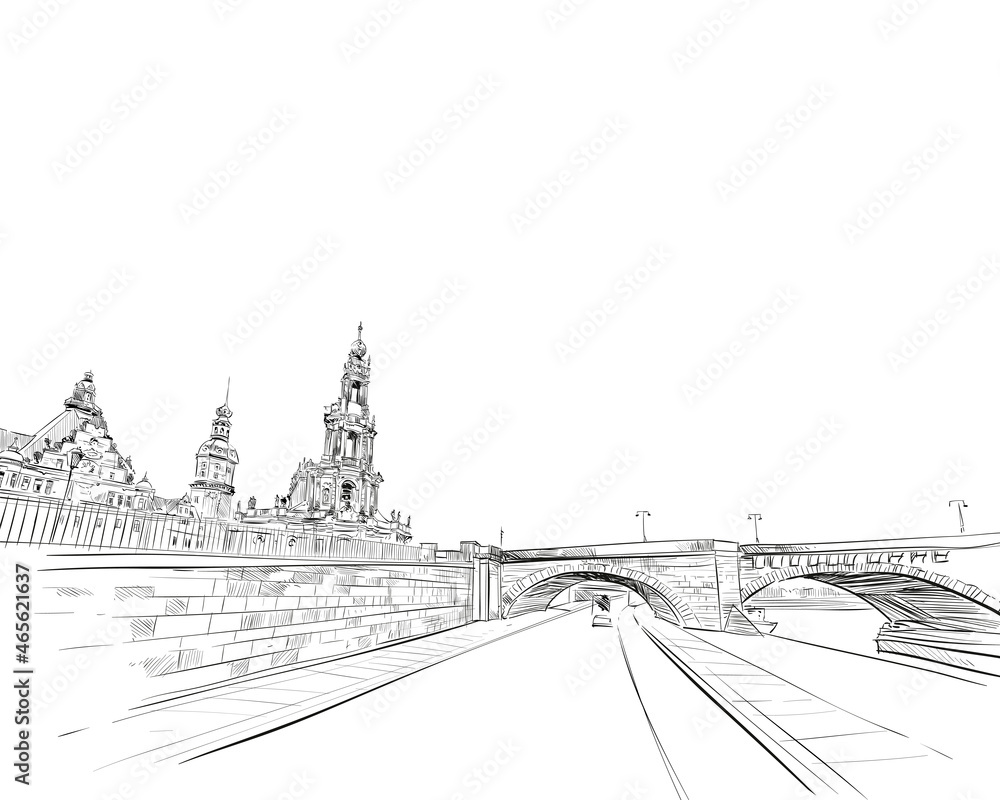 Augustów Brücke Bridge. Dresden. Germany. Hand drawn sketch. Urban sketch. Vector illustration. 