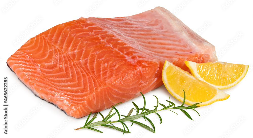 Red fish. Raw salmon fillet with rosemary and lemon isolate on white background. Clipping path and full depth of field