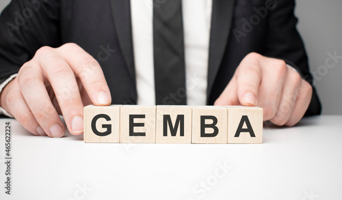 Word gemba. Wooden small cubes with letters isolated on white background with copy space available. Business Concept image. photo