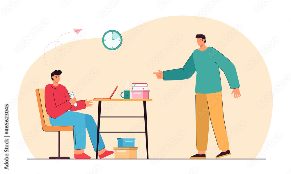 Angry boss pointing to tired late employee to deadline. Man working with laptop in office flat vector illustration. Stress, pressure of deadline concept for banner, website design or landing web page Angry boss pointing to tired late employee to deadline. Man working with laptop in office flat vector illustration. Stress, pressure of deadline concept for banner, website design or landing web page