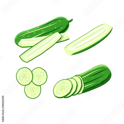 Flat illustration whole cucumber, half, quarters, pieces and slices. Green fresh cucumbers gherkin on white background. Idea for poster, sticker, postcard, magazine, book, web design and so on.