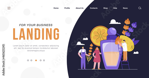 Tiny people making perfume. Cartoon persons with nuts and flowers, deodorant for fresh body smell flat vector illustration. Cosmetics, perfumery concept for banner, website design or landing web page