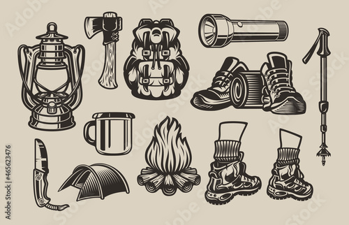 Set of vector illustrations on the camping (hiking) theme on a light background. 
