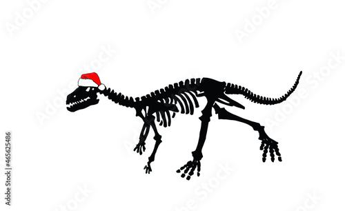 Graphical skeleton of raptor in Santa Claus red hat isolated on white, Christmas element, silhouette of dinosaur, new year print for books,cards