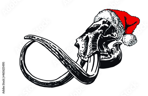 Graphical skull of mammoth in Santa Claus hat isolated on white , Christmas element, paleontology new year print
