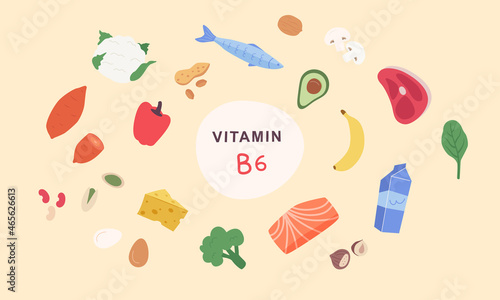 Vitamin B6 sources. Fish,mushrooms, dairy products, meat, salmon, broccoli.Vector illustration cartoon flat style.