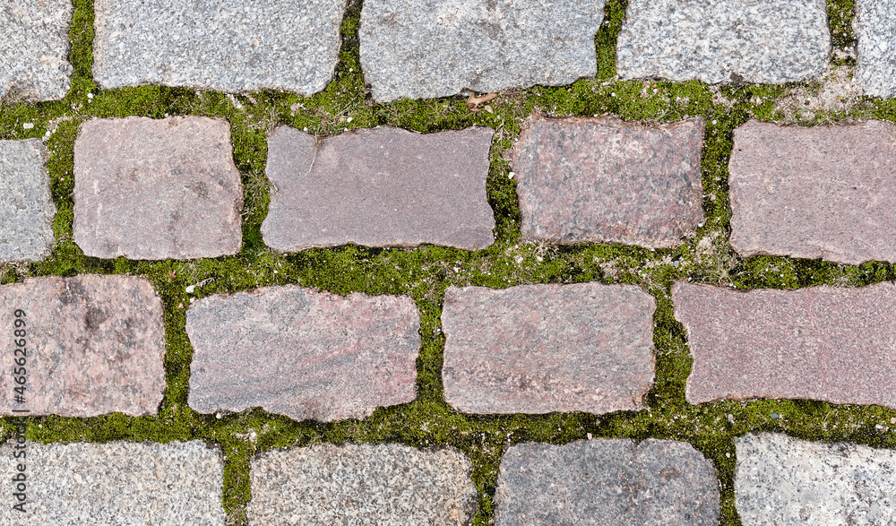 Obraz premium Granite pavement from rectangular shaped stones, overgrown with moss as background