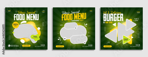 Fast food restaurant business marketing social media post or web banner template design with abstract background, logo and icon. Healthy burger & pizza online sale promotion flyer or poster.         