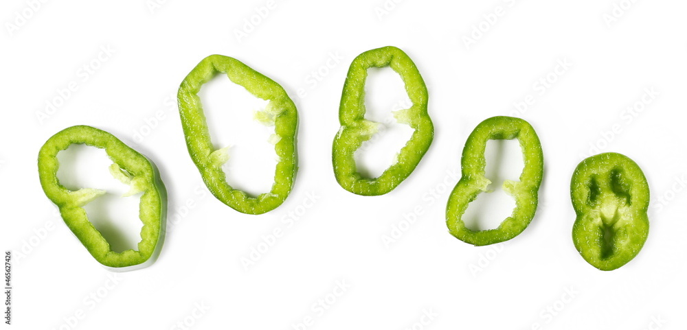 Set fresh green slice pepper, paprika isolated on white background, top view Set fresh green slice pepper, paprika isolated on white background, top view