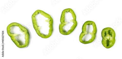  Set fresh green slice pepper, paprika isolated on white background, top view 