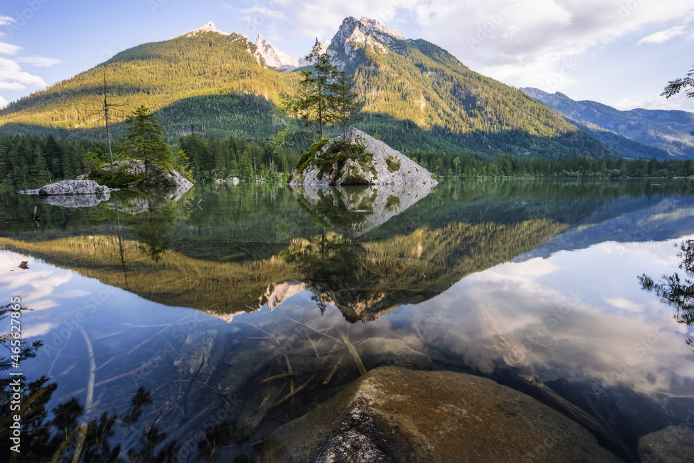 Fototapeta premium Hintersee Lake with reflection of Watzmann mountain peaks. Ramsau Berchtesgaden Bavaria, Germany, Europe