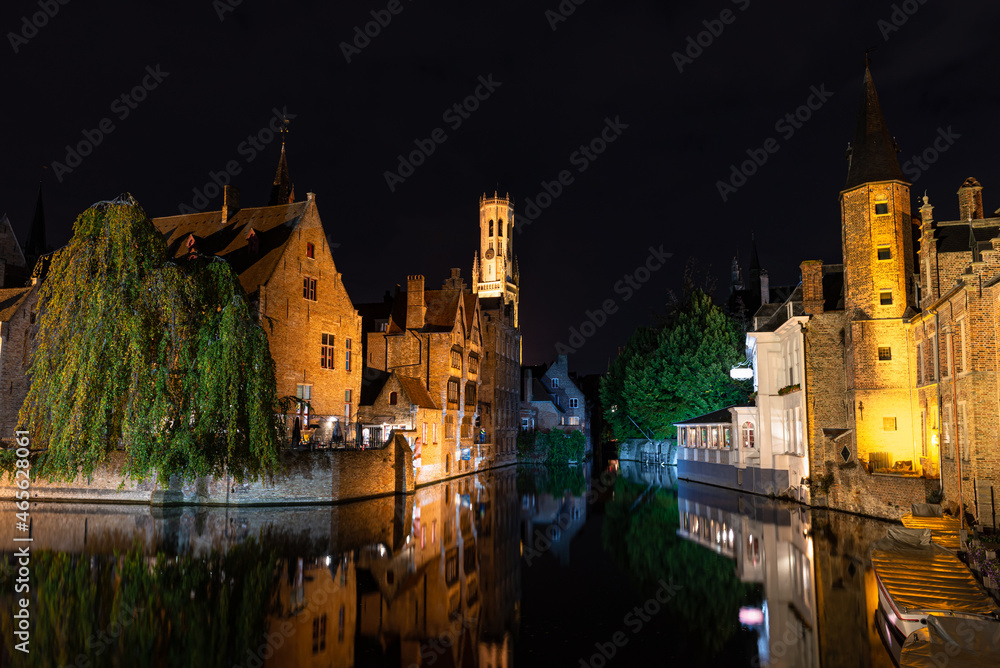 Night view from Rozenhoedkaai, one of the most famous tourist attractions in the historic city of Brugge