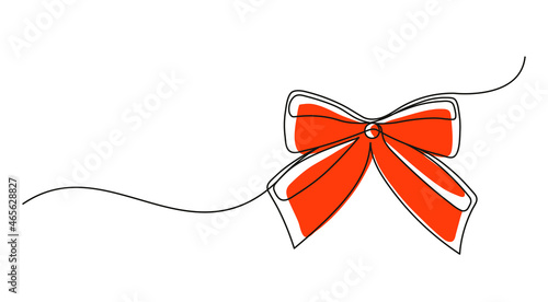 Continuous one line drawing of a Christmas bow. Christmas red bow isolated on white background. Vector illustration