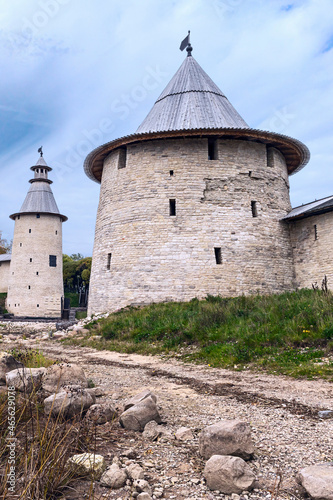 powerful watchtowers along the old fortress wall in the ancient Russian city of Pskov