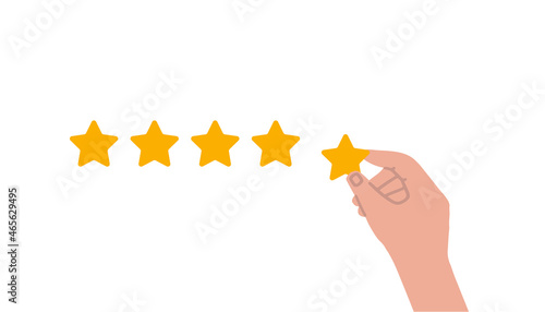 The consumer rates the service. The hand puts the fifth star. Vector fully editable flat isolated illustration on white background.