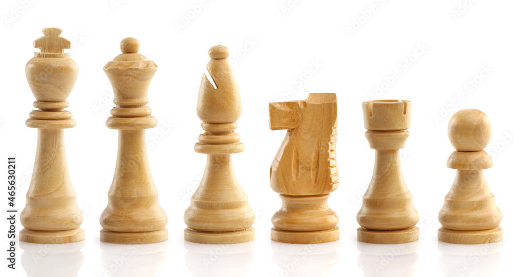 White chess, standing in a row, isolated on white background. Close-up. White chess, standing in a row, isolated on white background. Close-up.