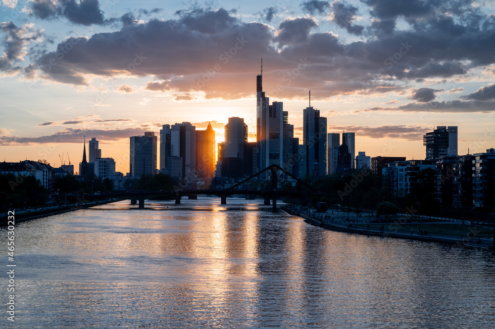 Sunset over Europe Financial Center Frankfurt Skyline