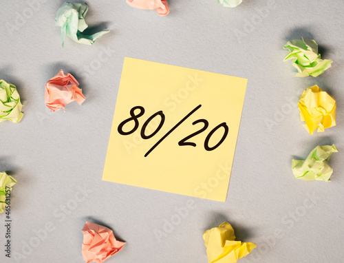 80 20 pareto principle rule concept, text on office desk. photo