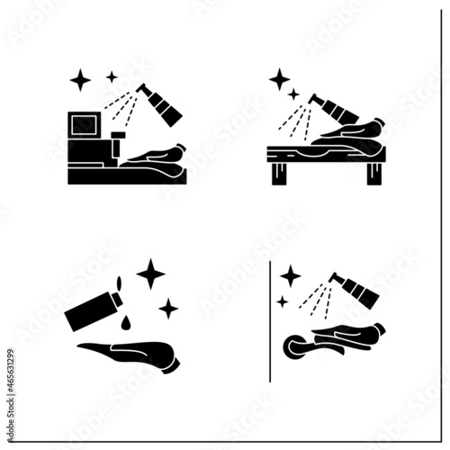 Surface disinfection glyph icons set.Door handle and hands, shop, tabletop disinfection. Home, public areas,transport hygiene. Filled flat signs. Isolated silhouette vector illustrations