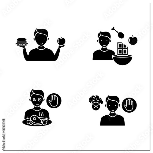 Mindful eating glyph icons set.Conscious, intuitive nutrition. Mixing, matching different foods. Avoid eating mindlessly.Mealtimes concept.Filled flat signs. Isolated silhouette vector illustrations 
