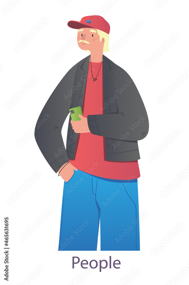 Adult man with phone concept. Male character in cap holding smartphone in hands. Guy with mustache in casual clothes. Avatar for social networks. Cartoon flat vector illustration on white background
