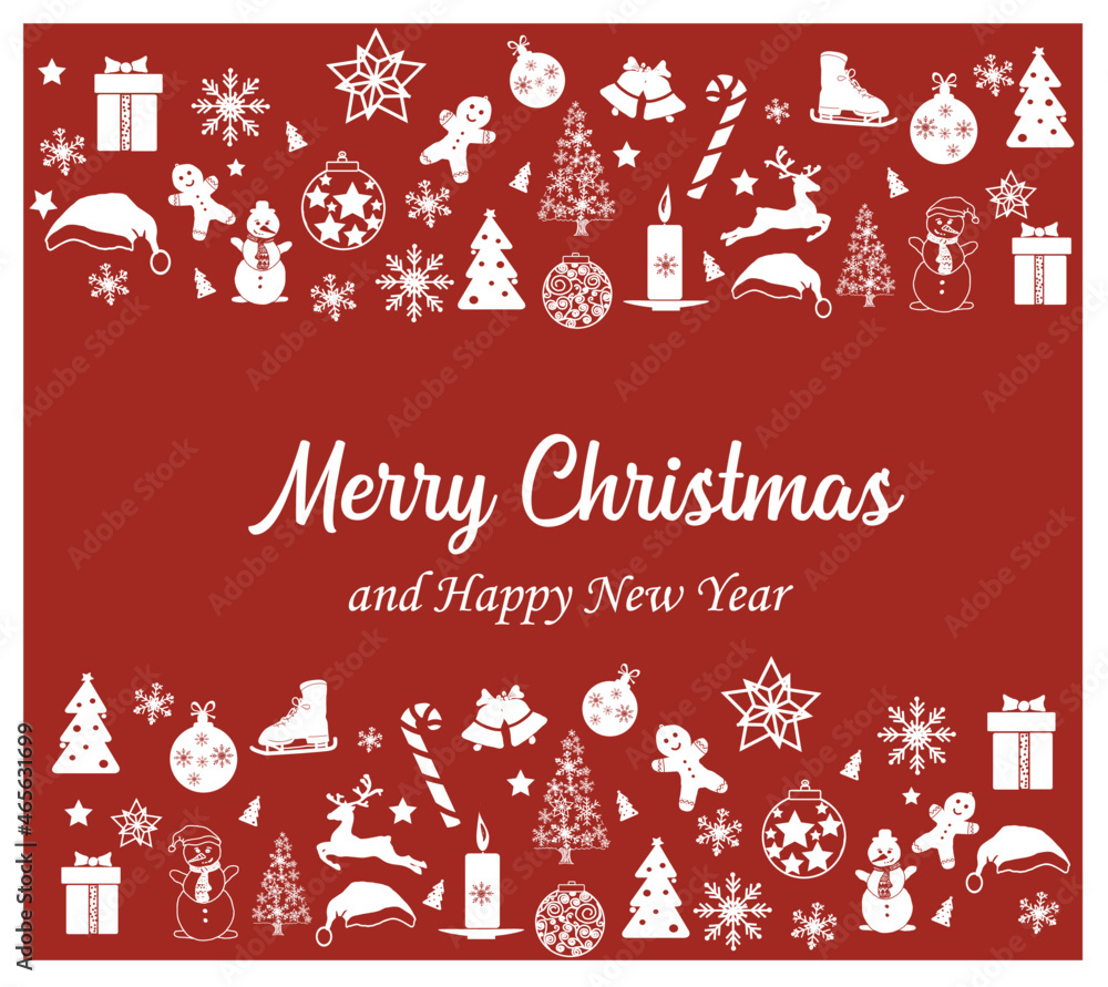 Merry Christmas and New Year banner with hanging decorations. Vector.
Christmas items: gifts, reindeers, Christmas trees, snowmen.