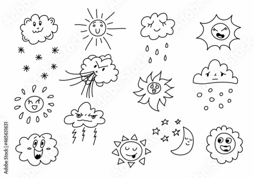 Funny doodle weather set. Isolated icons on white background. Hand drawing clouds, suns with cute face