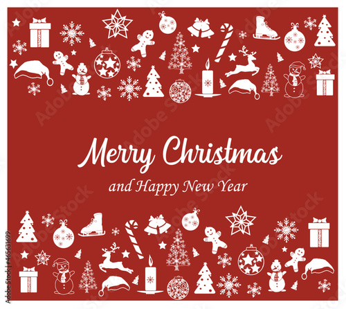 Obraz na płótnie Merry Christmas and New Year banner with hanging decorations. Vector.
Christmas items: gifts, reindeers, Christmas trees, snowmen. w salonie