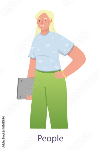 Woman with laptop concept. Female entrepreneur in office clothes or student studying. Young girl holds device in her hands and smiles. Avatar for social networks. Cartoon flat vector illustration